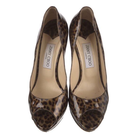 Jimmy Choo Leopard Animal Print Patent Leather Peep Toe Platform Pump IT 39.5 - Picture 3 of 5